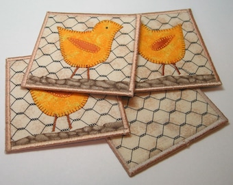 Chicken coasters -- yellow chickens on stony ground (set of 4)