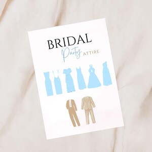 May include: A white card with the text "Bridal Party Attire" in black and gold lettering. The card features illustrations of six light blue dresses and two tan suits.