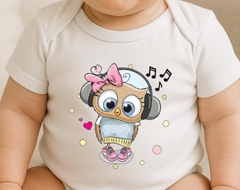 Body de bebé con adorable búho y auriculares, camiseta de búho para amantes de la música, camiseta infantil con animales, camiseta con estampado musical para bebé, 497