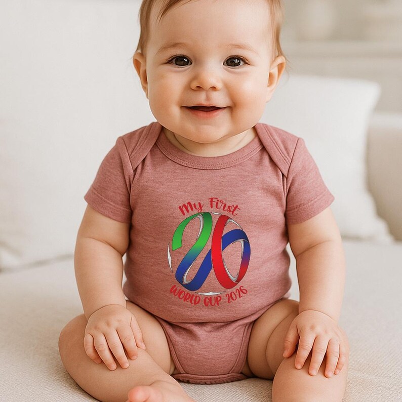 May include: A baby wearing a dusty rose onesie with the text "My First World Cup 2026" in green, blue, and red. The baby is smiling and sitting on a white surface.