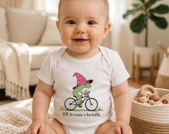 Funny Frog Baby Bodysuit, Frog on Bicycle Shirt Whimsical Frog Baby Outfit Cute Animal Graphic Tee, Off to Cause a Kerfuffle, 484