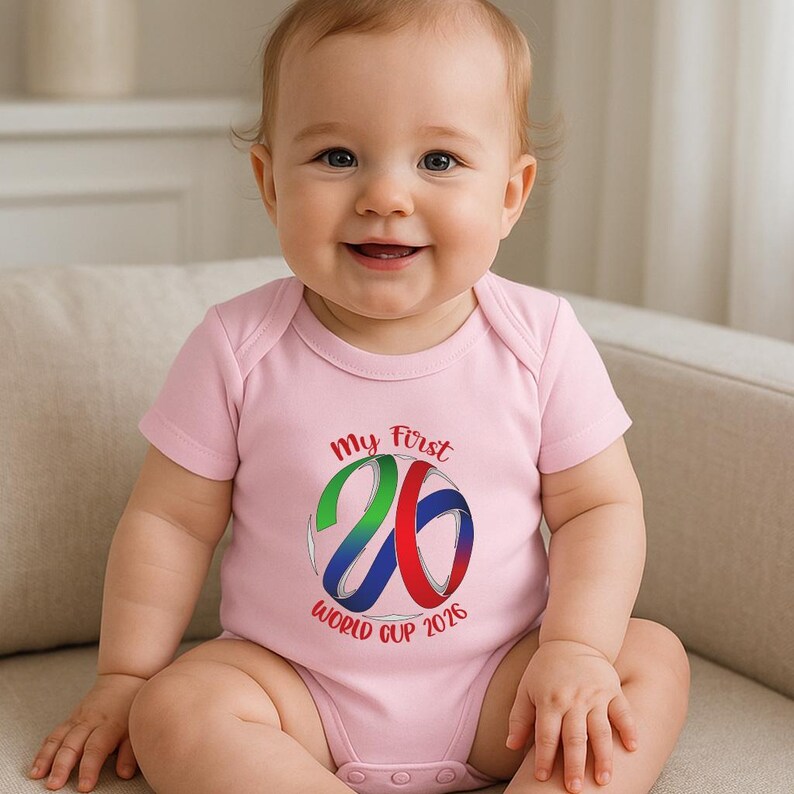 May include: A baby in a pink bodysuit with the text "my First 26 WORLD CUP 2026" in red, green, and blue. The baby is sitting on a beige couch and smiling at the camera.