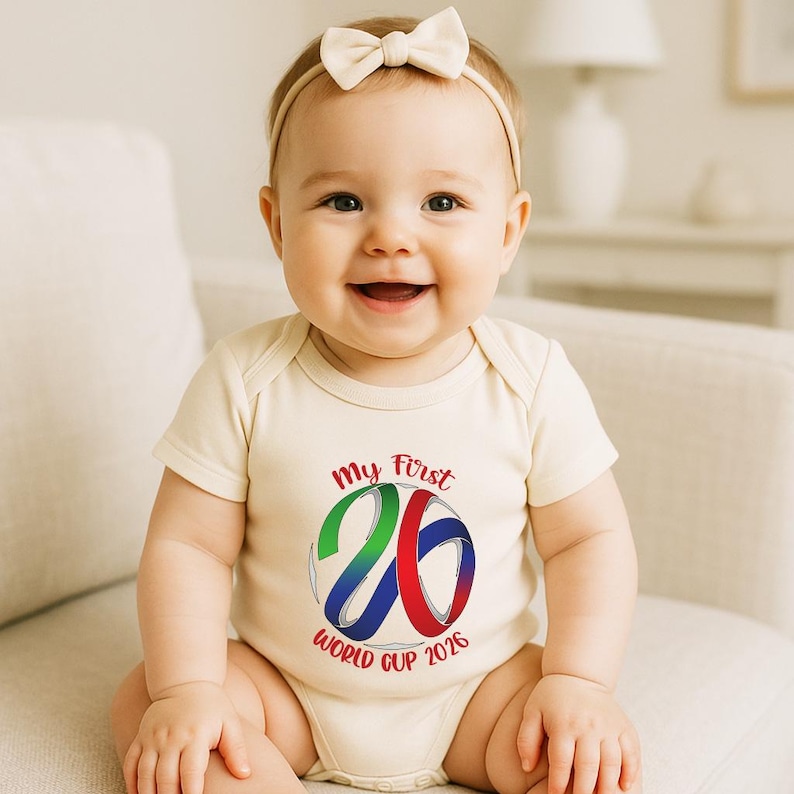 May include: A smiling baby wearing a cream-colored onesie with the text "My First 26 World Cup 2026" in red, green, blue, and white. The baby has a cream-colored bow headband.