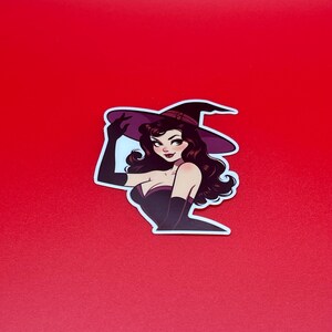 Purple Witch Cartoon Pin Up Girl, Vintage Halloween Sticker - Waterproof Glossy Vinyl