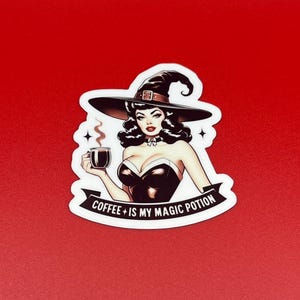 Coffee Magic Potion, Vintage Witch Halloween Sticker - Waterproof Glossy Vinyl
