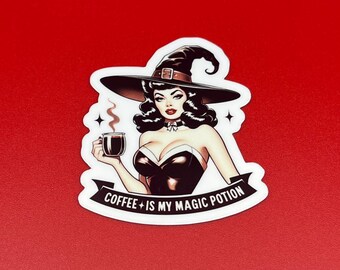 Pegatina de Halloween con diseño de poción mágica de café y bruja vintage: vinilo brillante resistente al agua