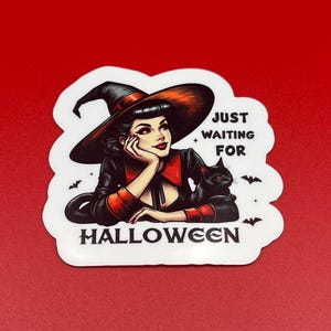 Waiting for Halloween, Vintage Witch Halloween Sticker - Waterproof Glossy Vinyl