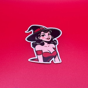 Rosey Witch Cartoon Pin Up Girl, Vintage Halloween Sticker - Waterproof Glossy Vinyl