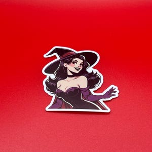 Purple Gloves Witch Cartoon Pin Up Girl, Vintage Halloween Sticker - Waterproof Glossy Vinyl
