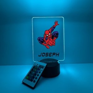 Night Light Up LED Table Desk Lamp Spider Hero Boys Kids Home Room Decor Personalized FREE Engraved Featuring 16 Colors With Remote Gift
