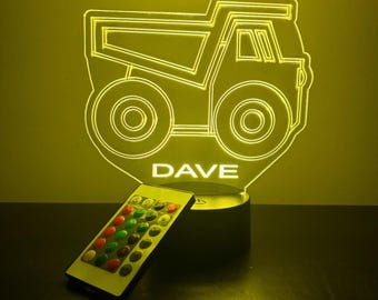 Dump Truck Light Up, Personalized Gift, 16 Color LED Night Light Lamp, FREE Engraving, Remote Control, Best Gift, Construction Theme