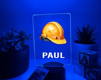 Construction Zone Hard Hat Light Up, Personalized Gift, 16 Color LED Night Light Lamp, FREE Engraving, Remote Control, Work Theme