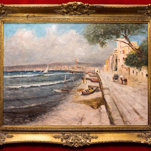 Original Fausto Giusto Coastal Scene Oil Painting, Signed, Framed, 66x86cm