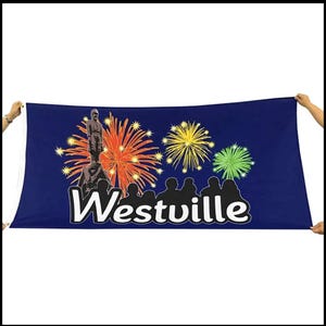 May include: A blue banner with a white silhouette of a person standing on a platform with fireworks behind them. The text "Westville" is written in white letters below the silhouette.