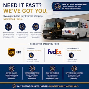Custom Table Runner with Business logo two FedEx Express delivery trucks, one black and one white, parked side by side. The text on the image highlights the fast, reliable, and guaranteed shipping services offered by FedEx, including overnight and 2nd day express shipping with UPS & FedEx, real-time tracking, and support for the team to count on.
