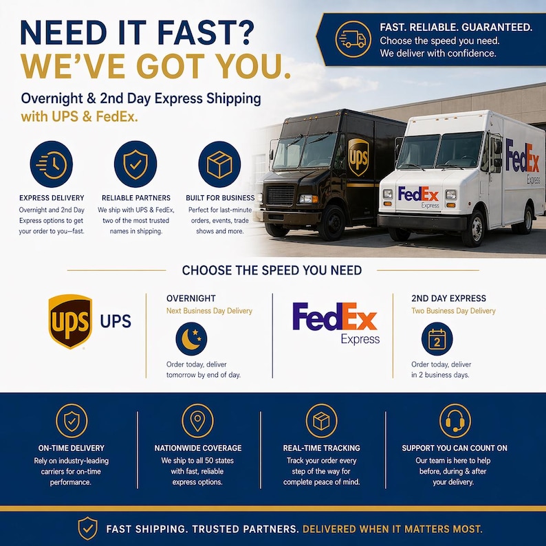 Custom Table Runner with Business logo two FedEx Express delivery trucks, one black and one white, parked side by side. The text on the image highlights the fast, reliable, and guaranteed shipping services offered by FedEx, including overnight and 2nd day express shipping with UPS & FedEx, real-time tracking, and support for the team to count on.