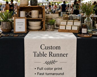 Custom Logo Linen Table Runner | Natural Fabric Market Booth Banner, Pop Up Shop Decor