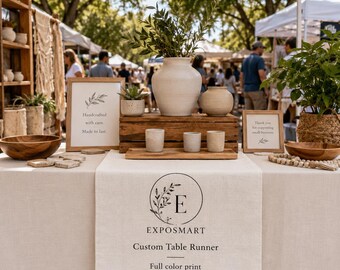 Custom Logo Linen Table Runner | Market Booth Display Banner, Trade Show Fabric Cloth
