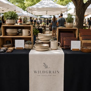 May include: A display table featuring ceramic bowls, mugs, and leather goods. A beige runner with the text WILDGRAIN ATELIER and a leaf icon hangs from the center. Small signs read EVERY PIECE MADE BY HAND WITH PURPOSE and NATURAL MATERIALS.