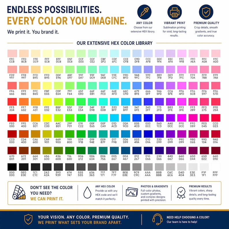 Custom Table Runner with Business logo a color chart with the words endless possibilities, every color you imagine