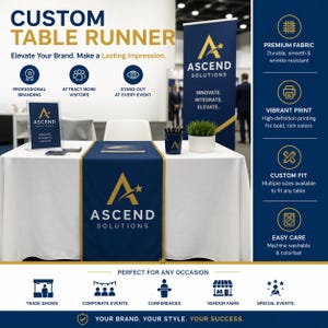 Custom Table Runner with Business logo The image is a promotional poster for a custom table runner designed by Ascend Solutions. It features a table with a blue and gold table runner, along with various text and logos promoting the company's services.