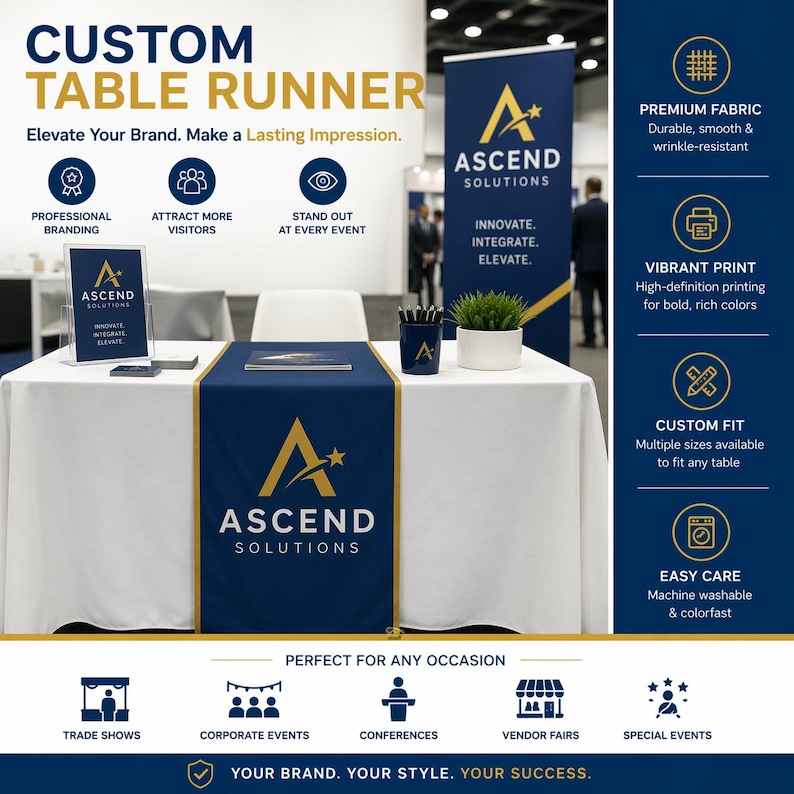 Custom Table Runner with Business logo The image is a promotional poster for a custom table runner designed by Ascend Solutions. It features a table with a blue and gold table runner, along with various text and logos promoting the company's services.