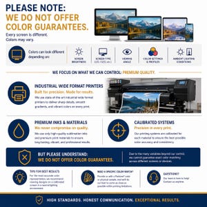 The image is a printed advertisement for a printer company that does not offer color guarantee. It features a variety of screens displaying different colors and settings, along with a large printer in the background. The text emphasizes that the company focuses on controlling premium quality and precision in their printing systems, and that they do not offer color guarantee. The advertisement also includes tips for best results and a section for questions.