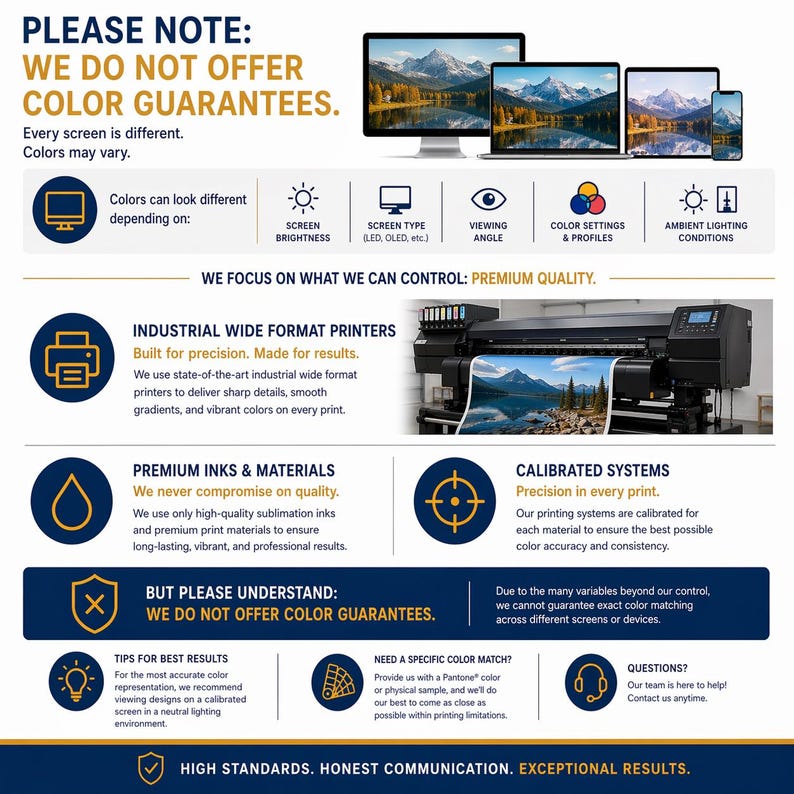 The image is a printed advertisement for a printer company that does not offer color guarantee. It features a variety of screens displaying different colors and settings, along with a large printer in the background. The text emphasizes that the company focuses on controlling premium quality and precision in their printing systems, and that they do not offer color guarantee. The advertisement also includes tips for best results and a section for questions.