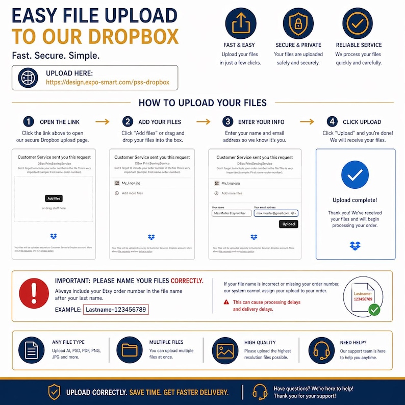 The image is a screenshot of a user interface for a file upload service, providing step-by-step instructions for users to upload their files to the Dropbox service.