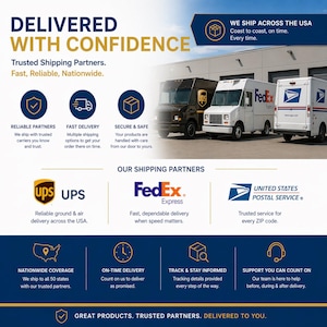 The image is a promotional graphic for a shipping company, highlighting their reliable shipping partners and services. It features multiple shipping trucks and vans, along with logos and text indicating the company's commitment to fast, reliable, and nationwide delivery.