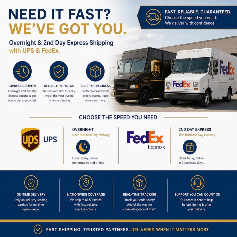 two FedEx Express delivery trucks, one black and one white, parked side by side. The text on the image highlights the fast, reliable, and guaranteed shipping services offered by FedEx, including overnight and 2nd day express shipping with UPS & FedEx, real-time tracking, and support for the team to count on.