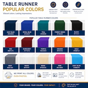 The image is a promotional graphic for a table runner, showcasing a variety of popular colors available for printing.
