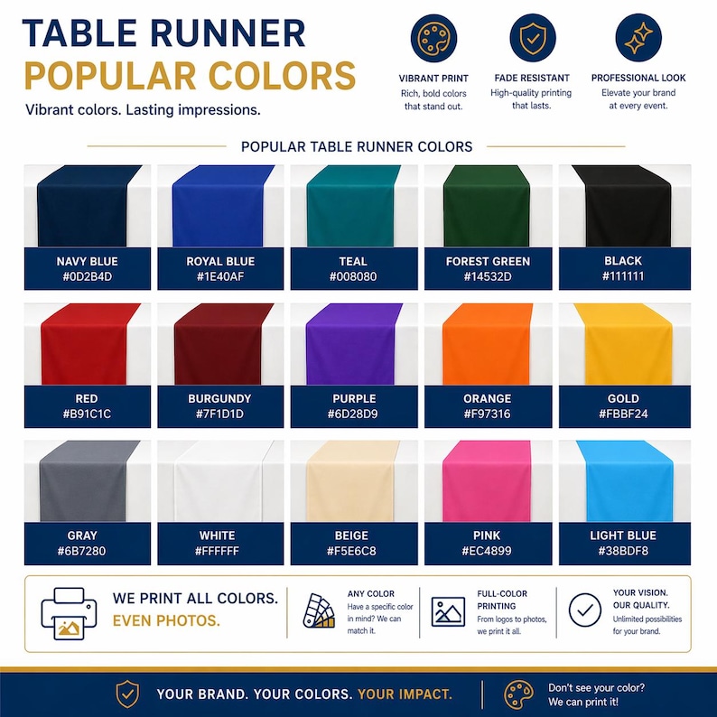The image is a promotional graphic for a table runner, showcasing a variety of popular colors available for printing.