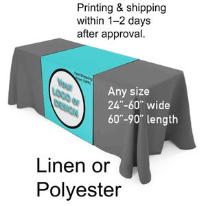 custom table runner with logo | 1-2 days production | any runner color | all-over print | wrinkle-free premium heavy polyester