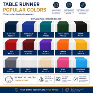 Custom Table Runner with Business logo The image is a promotional graphic for a table runner, showcasing a variety of popular colors available for printing.