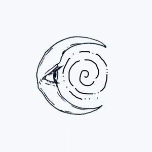 May include: A black and white line drawing of a crescent moon shape. The inner curve of the moon features a detailed human eye with visible eyelashes. The space within the crescent contains a hand-drawn spiral pattern made of thin black lines.