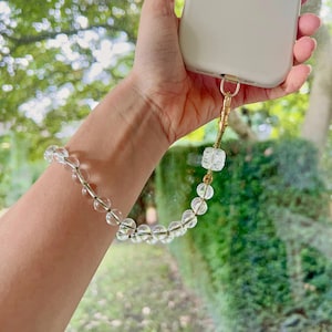 Clear Quartz Beaded Phone Charm: 18K Gold-Plated Strap