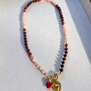 Red Tiger Eye Sunstone Necklace, Bloodwood, Gold Heart Charm
