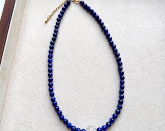 Lapis Lazuli Necklace with Hand-Carved Clear Quartz | Minimalist Blue Gemstone Choker | Elegant Spiritual Jewelry