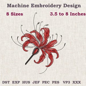 May include: Machine embroidery design featuring a red flower with black accents. The design is available in 8 sizes, ranging from 3.5 to 8 inches. The image also displays the text "Machine Embroidery Design".
