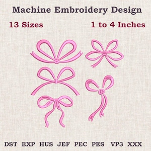 Könnte beinhalten: Rosa Maschinenstickmuster von Schleifen in verschiedenen Stilen. Das Bild enthält den Text "Machine Embroidery Design", "13 Sizes" und "1 to 4 Inches". Die Dateitypen sind unten aufgeführt.