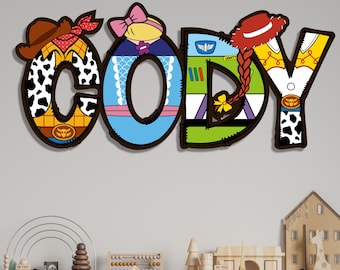Personalized Toy Story Themed Letter Name Sign, Kids Room Decor, Custom Wooden Nursery Wall Art, Toy Story Character Style Wood Name Plaque