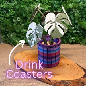 May include: A decorative drink coaster set featuring a miniature plant with white and green leaves in a striped purple, blue, and red pot. The coasters are displayed on a wooden slice with the words "Drink Coasters" in pink.