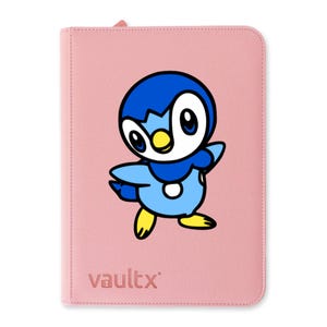 May include: A light pink zipped binder featuring a cartoon blue penguin character with a yellow beak and feet. The front cover displays the text vaultx in a debossed font at the bottom left corner, showcasing a clean and structured design.