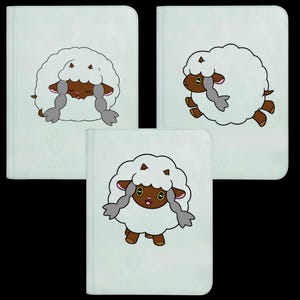 May include: Three light blue rectangular notebooks featuring a cartoon sheep character with brown skin, white wool, and grey braided hair. The sheep is depicted in three different poses: sleeping, jumping, and standing with a smiling expression.