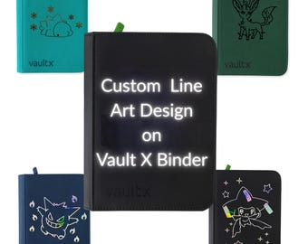 以下が含まれることがあります： 黒、ティール、ダークグリーン、ネイビーブルーの5つのVault Xバインダー。様々な生き物や星のカスタムラインアートデザインが施されています。中央の黒いバインダーには、白い文字でCustom Line Art Design on Vault X Binderと書かれています。
