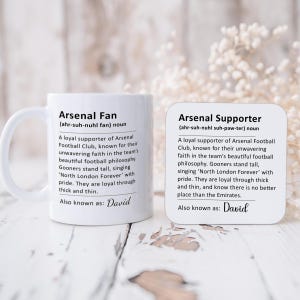 Personalised Arsenal Fan Mug And Coaster, Gift For Arsenal Supporter, Husband, Wife, Boyfriend, Girlfriend, Dad, Arsenal Supporter