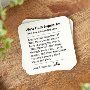 Posavasos personalizado para seguidores del West Ham, regalo para seguidores del West Ham, regalo divertido para seguidores del Hammers, regalo divertido del West Ham