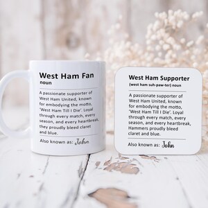 West Ham Mug And Coaster Gift Set, Personalised West Ham Fan Gift, West Ham Supporter Gift, Hammers Coffee Mug And Matching Coaster