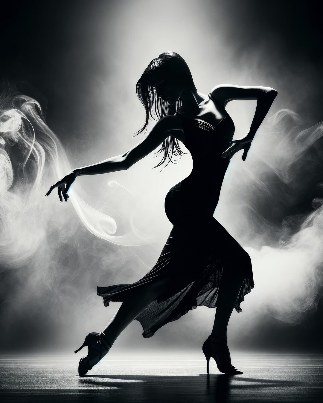 Elegant Black and White Dance: A Woman in Graceful Motion Amidst Wispy ...